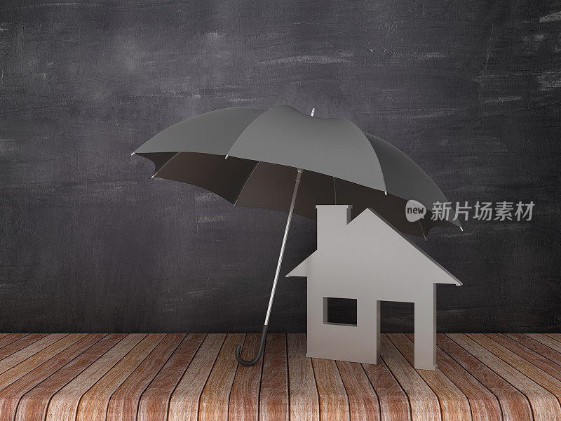 雨伞与房子在木地板上-黑板背景- 3D渲染